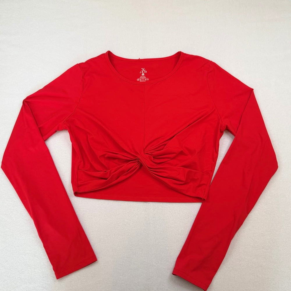 J & HI Red Twist Front Long Sleeve Crop Top XL Spandex Blend Activewear